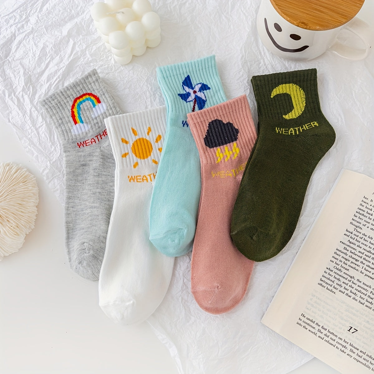 5 Pairs Cartoon Weather Print Socks Women's Mid Tube Stockings