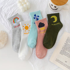 5 Pairs Cartoon Weather Print Socks Women's Mid Tube Stockings