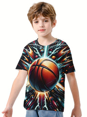 Boy's Basketball Print Casual Tee Short Sleeve Crew Neck T-shirt