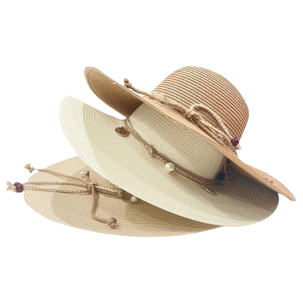 Boho Sun Hat Beads Solid Straw Foldable Travel Beach Hat