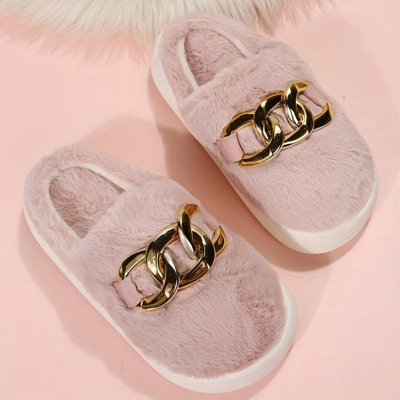 Women's Fluffy Platform Slippers with Chain Detail