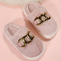 Women's Fluffy Platform Slippers with Chain Detail