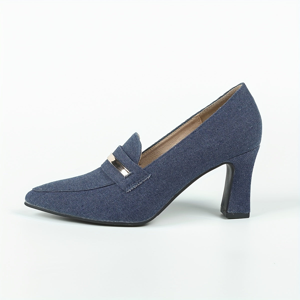 Women's Denim Loafers Pumps Pointed Toe Slip On Chunky Heels