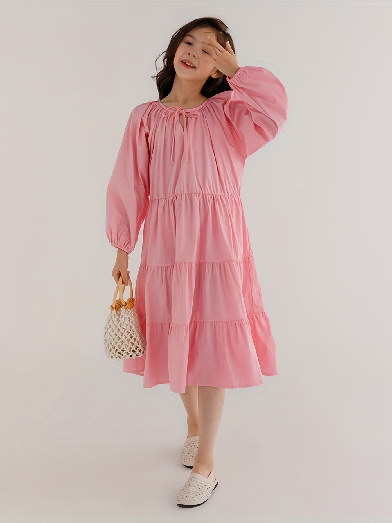 Girl's Solid Cotton One piece Dress Long Sleeve Loose Princess Dress