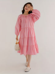 Girl's Solid Cotton One piece Dress Long Sleeve Loose Princess Dress