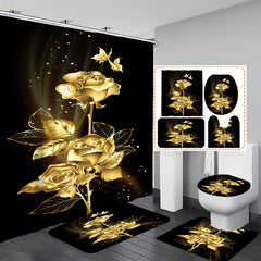 Golden Flower Shower Curtain Set with Bathroom Rug and Mat