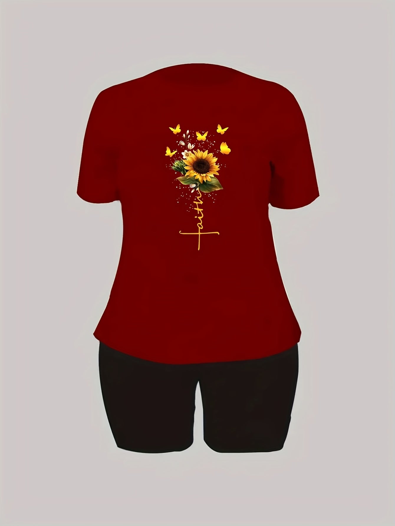 Women's Plus Sunflower & Letter Print Tee & Shorts Set
