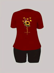 Women's Plus Sunflower & Letter Print Tee & Shorts Set