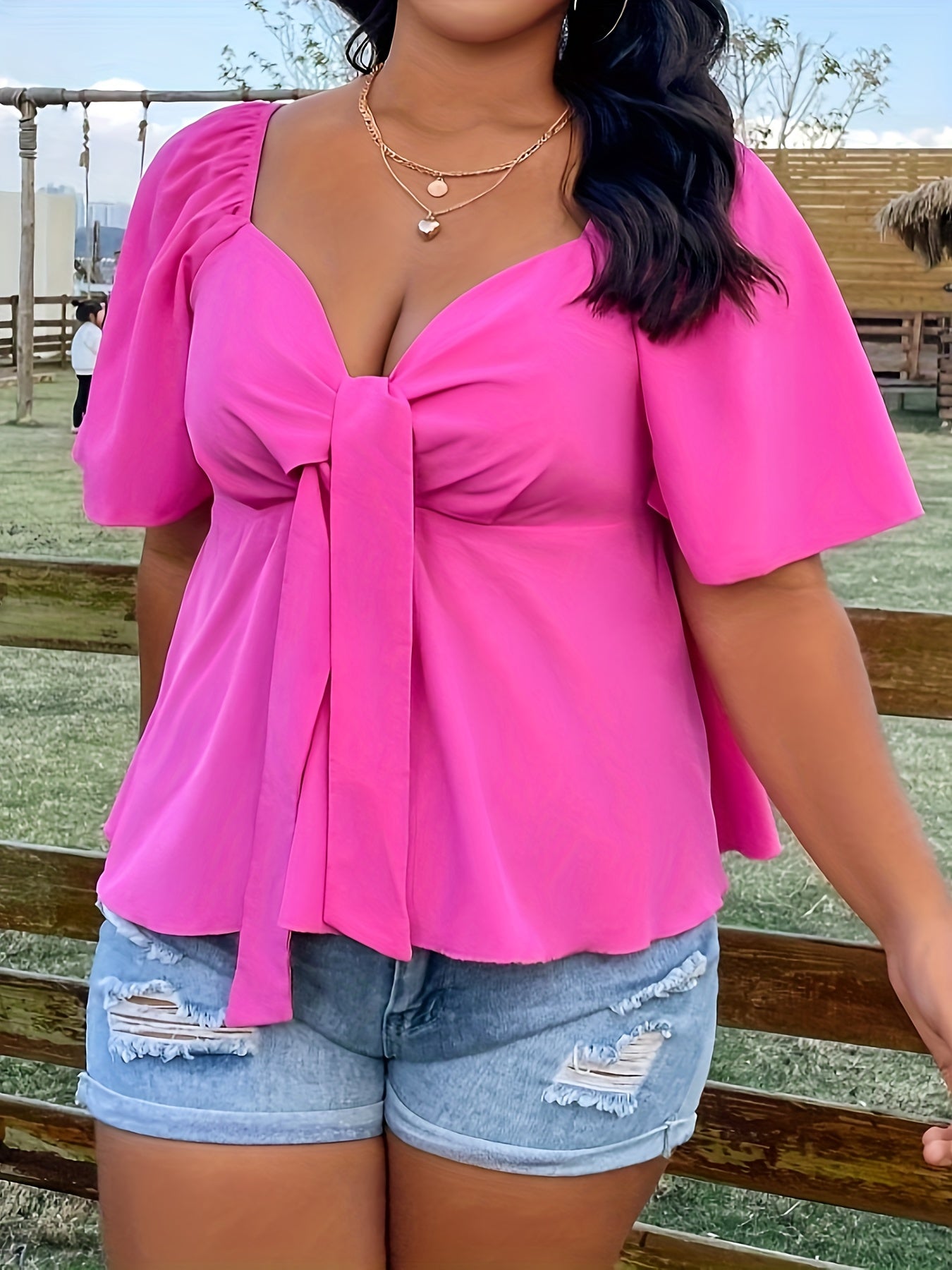  Casual Blouse Women's Plus Solid Short Sleeve Sweetheart Neck Knot Top