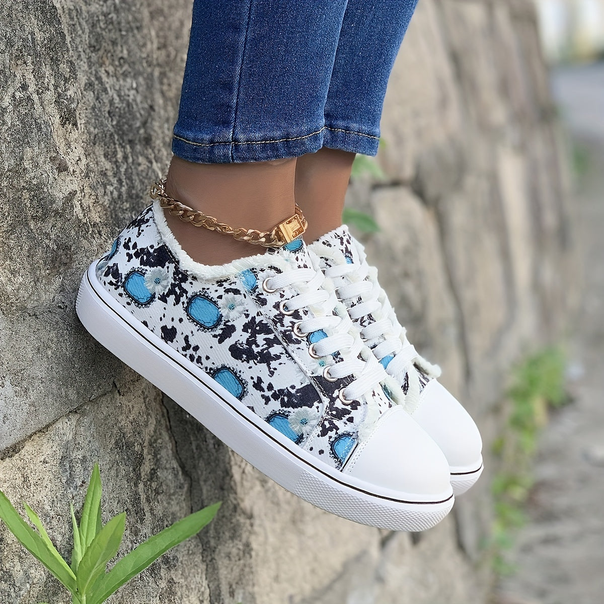 Floral Print Canvas Lace Up Sneakers Low Top Flat Walking Shoes