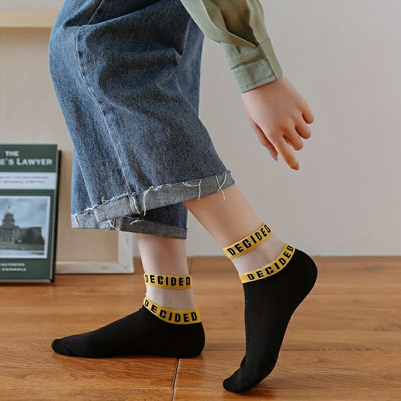 5 Pairs Letter Print Socks with Mesh Women's Stockings