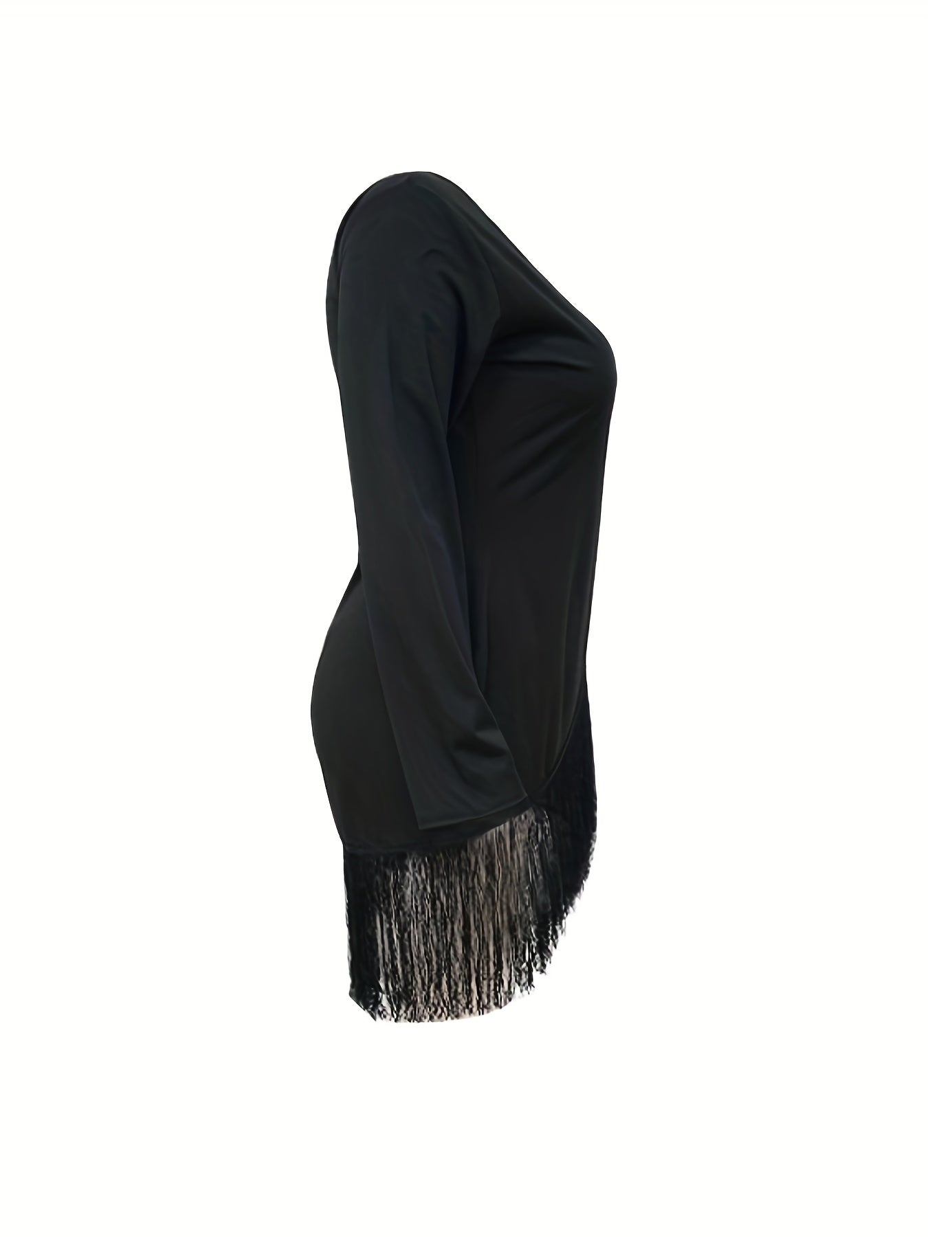  Solid Long Sleeve Fringe Trim Casual Dress