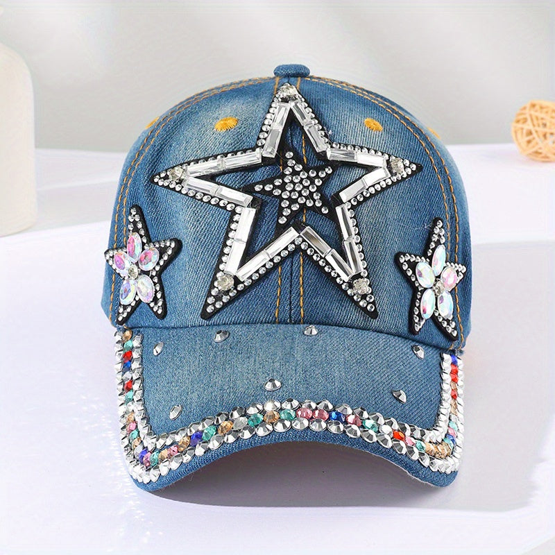 Distressed Denim Baseball Cap with Rhinestone Pentagram Patch