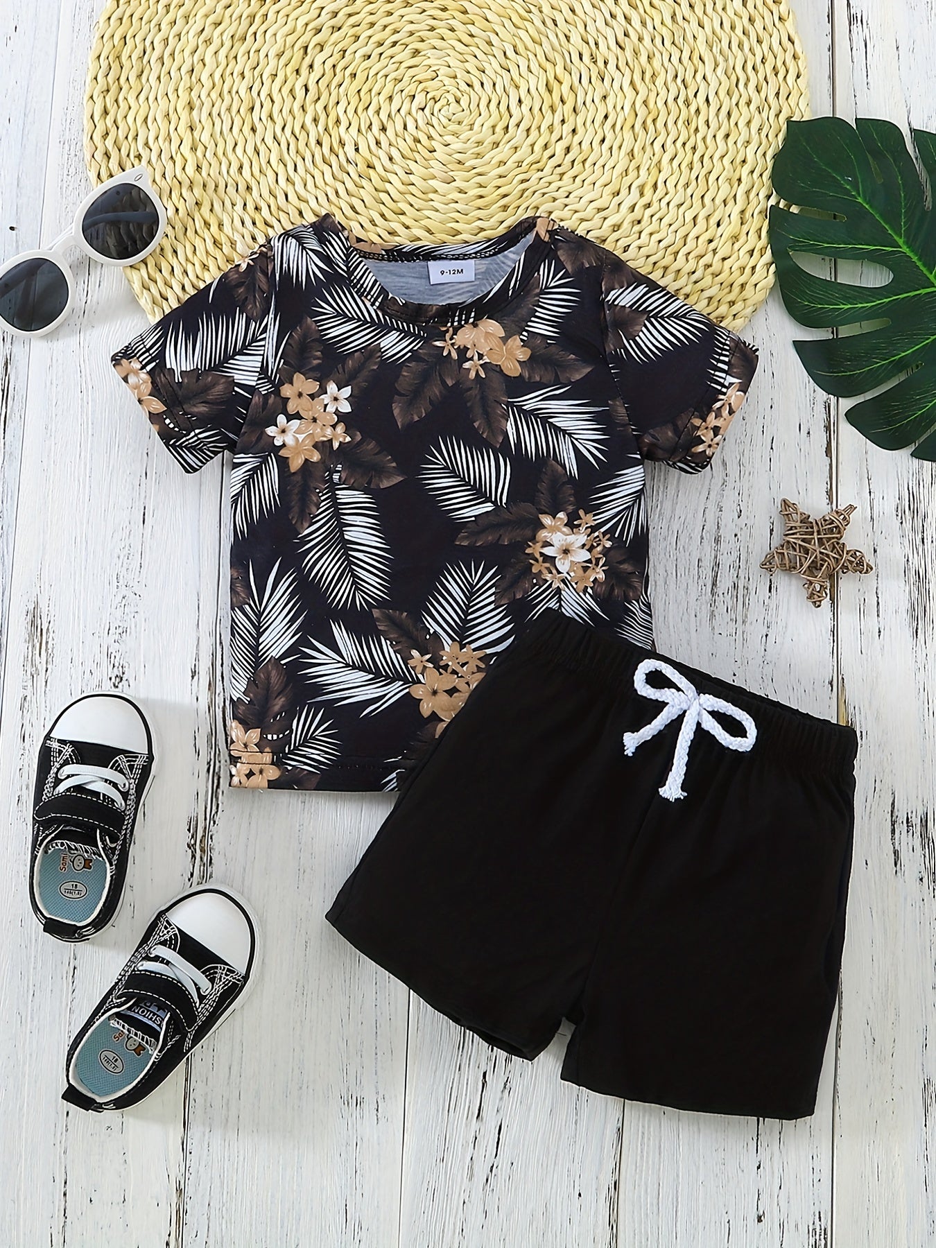 Baby Boys Coconut Tree Print T-shirt & Shorts Set Summer Beach Vacation Clothes