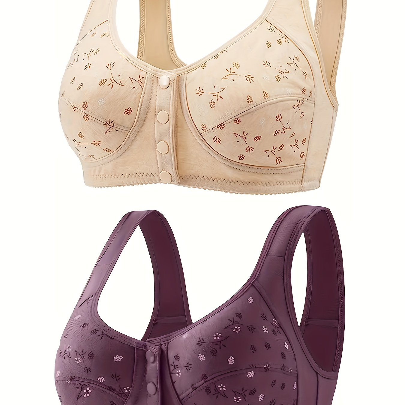 2pcs Floral Print Wireless Bras Front Buckle Bra Women's Lingerie