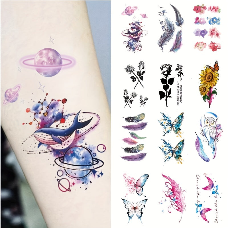 12 Sheets Temporary Tattoos Animal & Flowers Pattern Disposable Tattoo Stickers