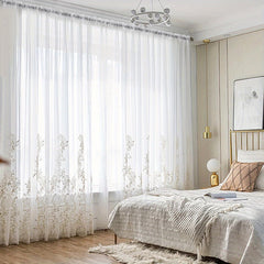 Embroidery Sheer Curtain Embossed Branch Leaf Pattern Embroidery Curtain