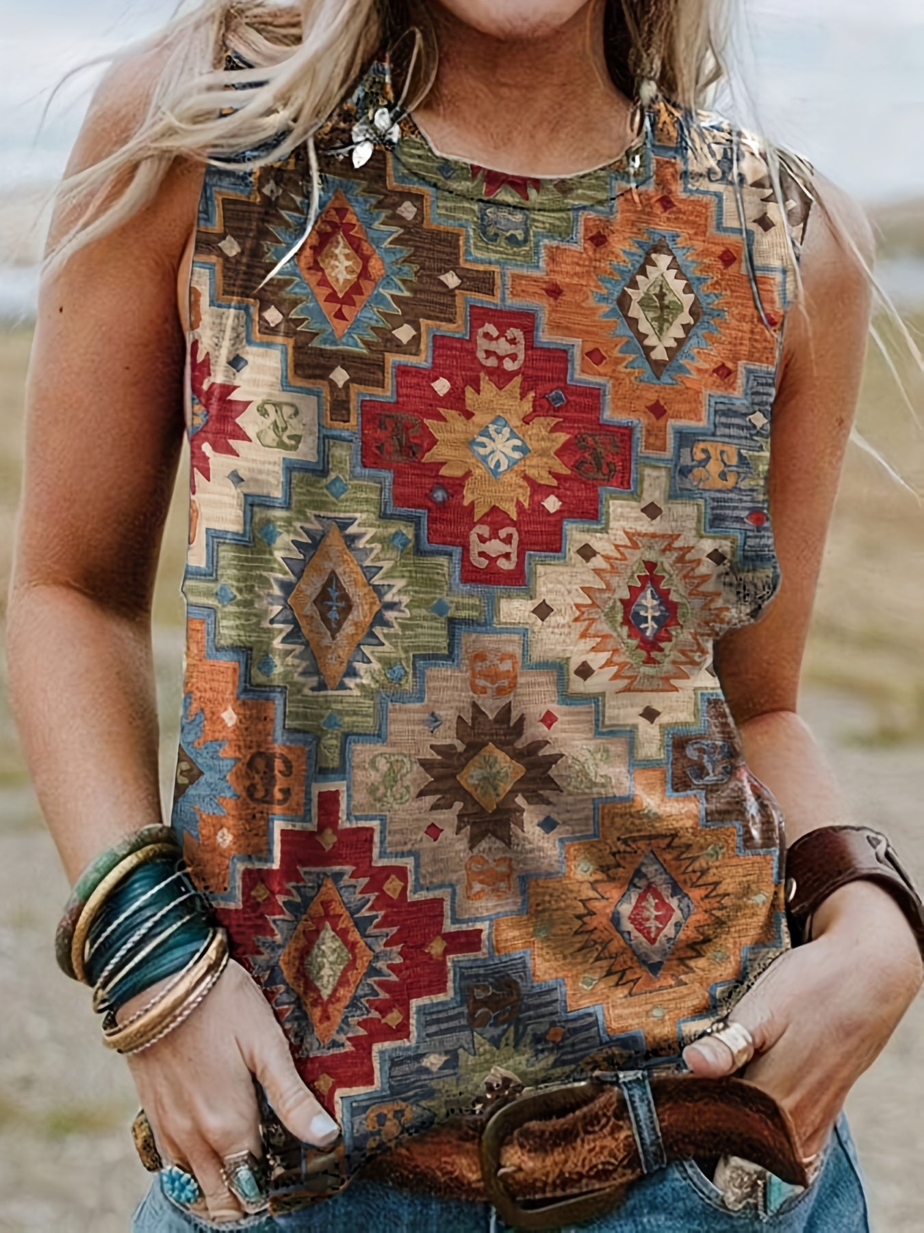Geometric Print Tank Top Crew Neck Sleeveless Summer Top