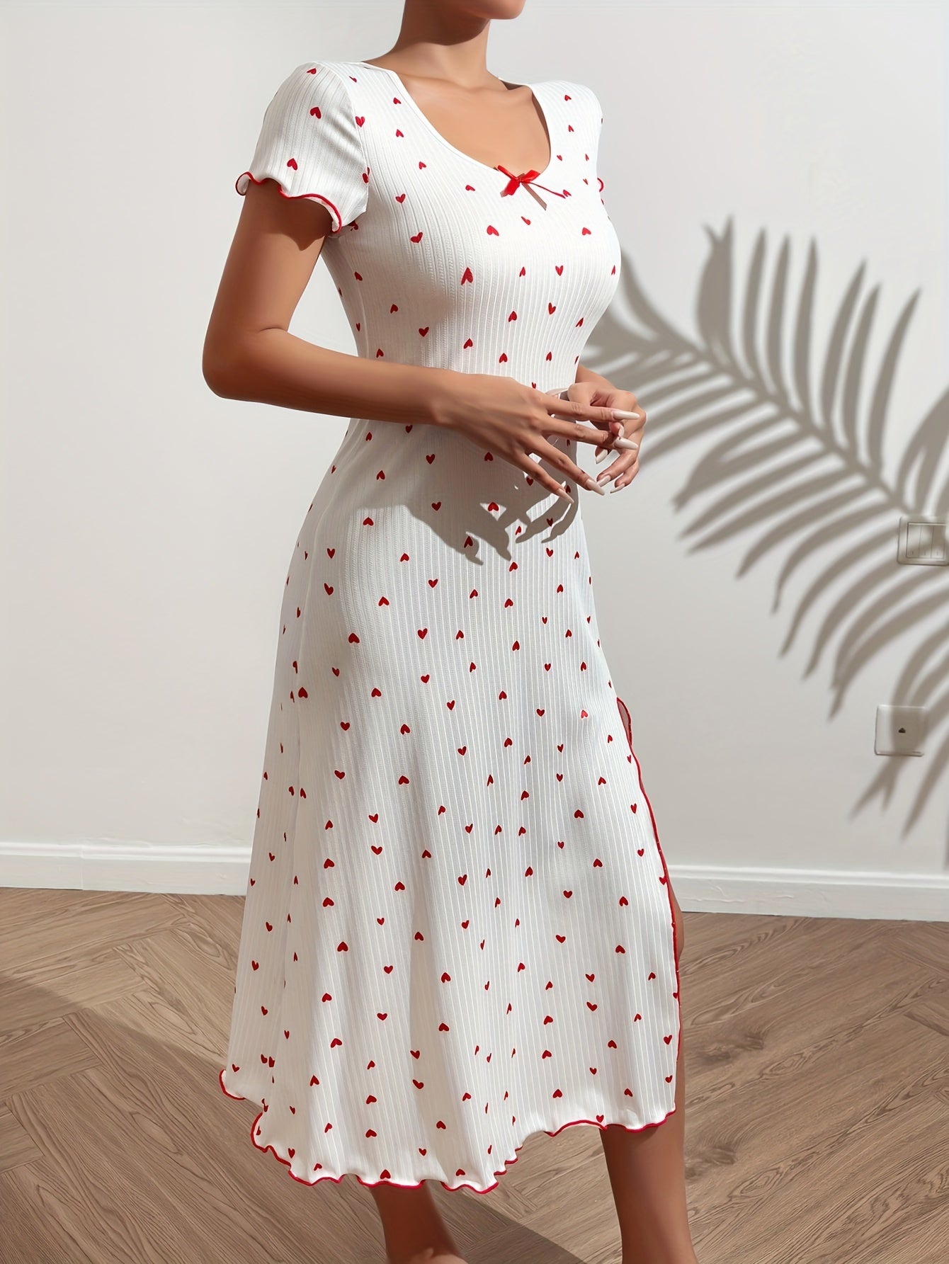 Heart Print NightDress Short Sleeve Split Pajama Dress