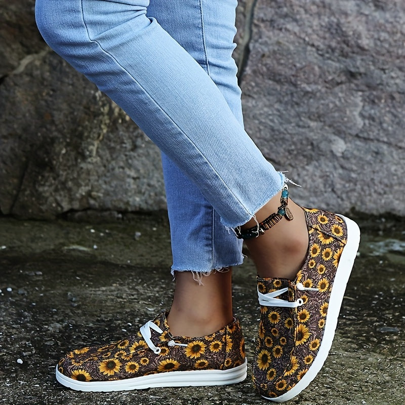 Sunflower Pattern Boat Shoes Flat Skate Shoes Women's Footwear