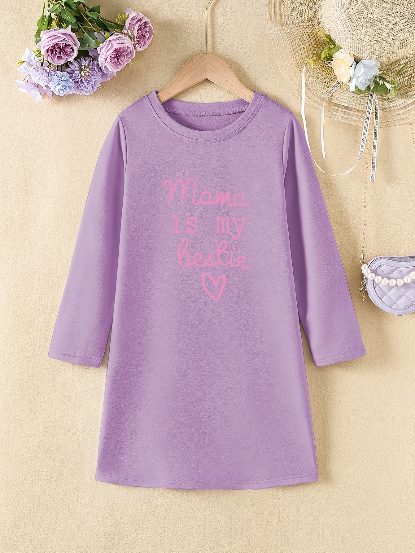 Girls' Letter Mama Is My Bestie Print Long Sleeve Dress