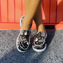 Women's Funny Halloween Print Shoes Casual Skull Pattern Slip On Canvas Shoes