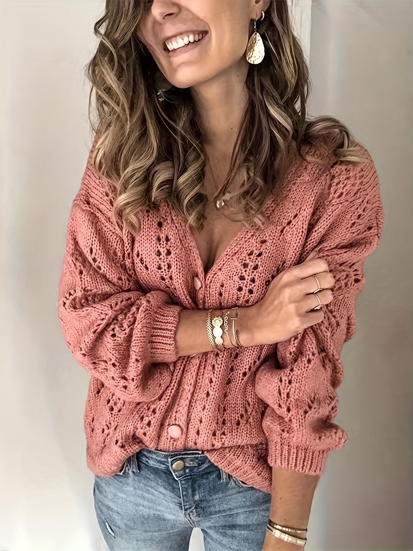 Solid Knit Cardigan Button Front Long Sleeve Sweater
