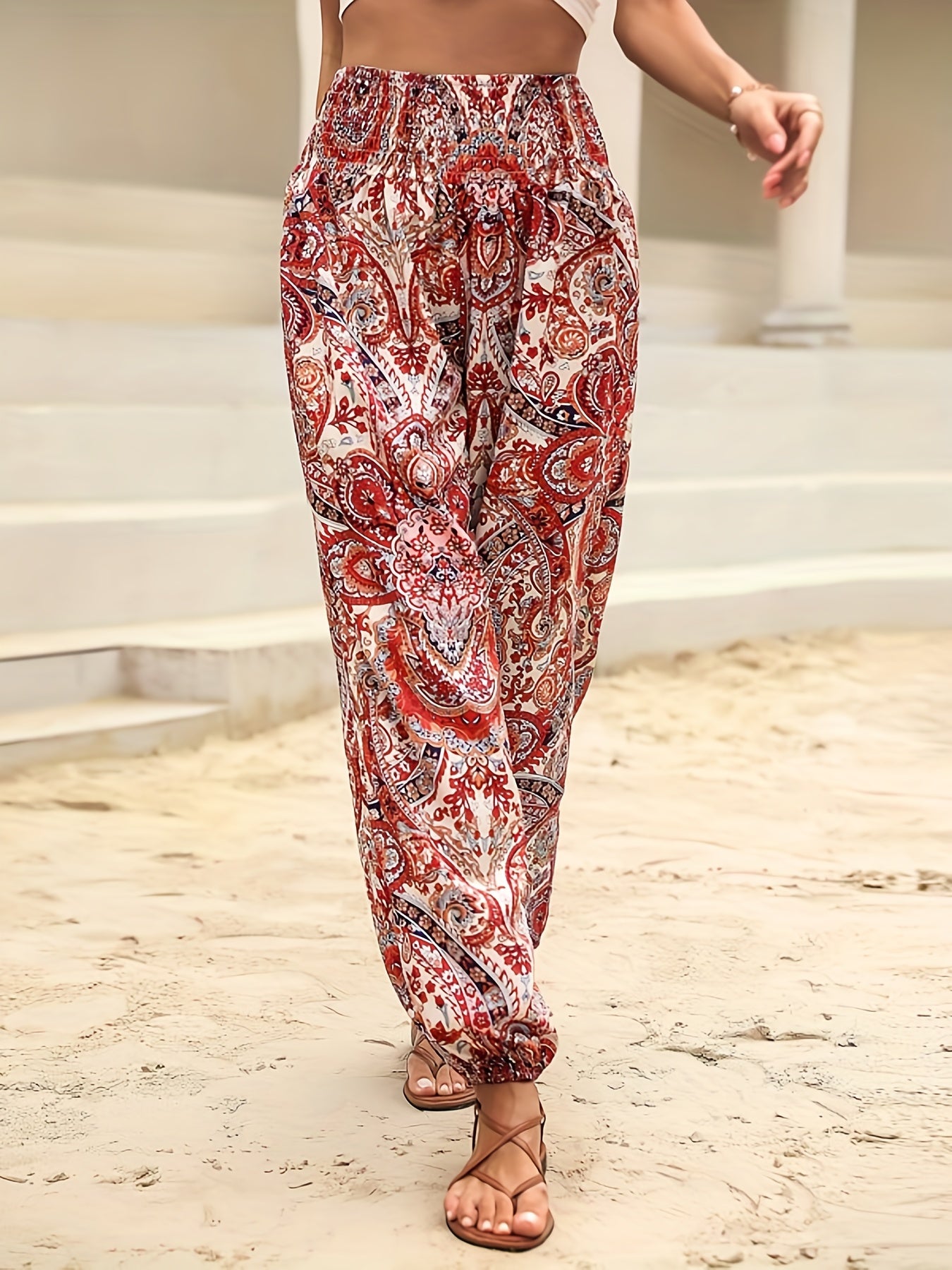 Paisley Print Shirred Waist Pants Boho Long Length Jogger Pants