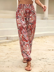 Paisley Print Shirred Waist Pants Boho Long Length Jogger Pants