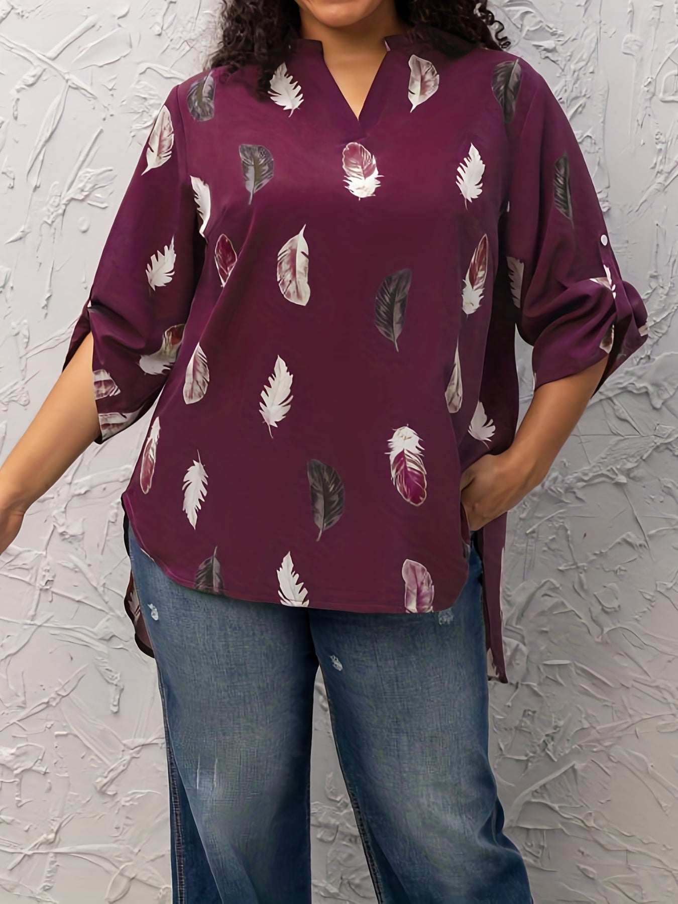  Casual Blouse Women's Plus Feather Print Long Sleeve
