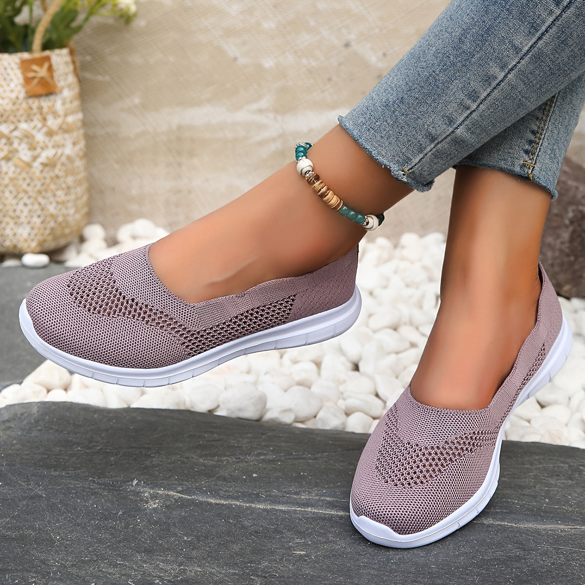 Women's Knitted Flat Loafers Slip On Shoes Lightweight Walking Shoes