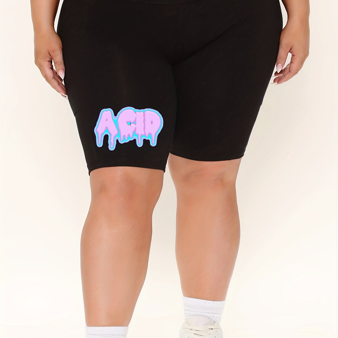 Plus Size Dripping Letter Print High Rise Biker Shorts