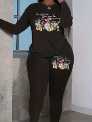  Dwarf & Slogan Print Long Sleeve Top & Leggings Set