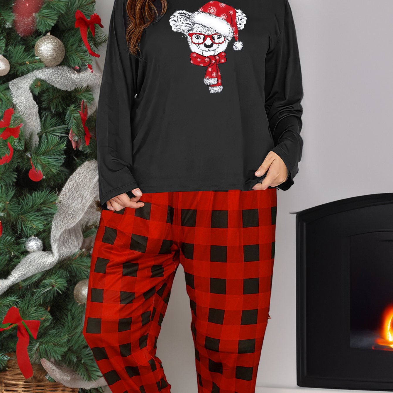  Christmas Lounge Set Women's Koala Print Tee & Plaid Pants Pajamas