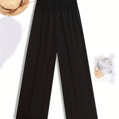 Wide Leg Pants Shirred Waist High Rise Solid Casual