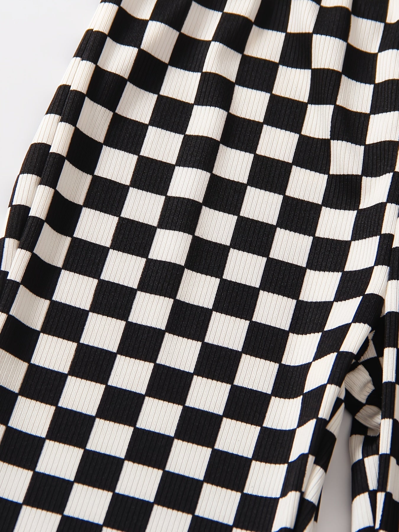 Girls Checkerboard Print Flare Leg Pants High Elastic Waist Long Trousers