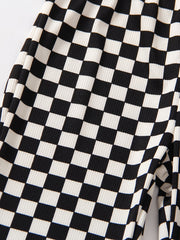 Girls Checkerboard Print Flare Leg Pants High Elastic Waist Long Trousers
