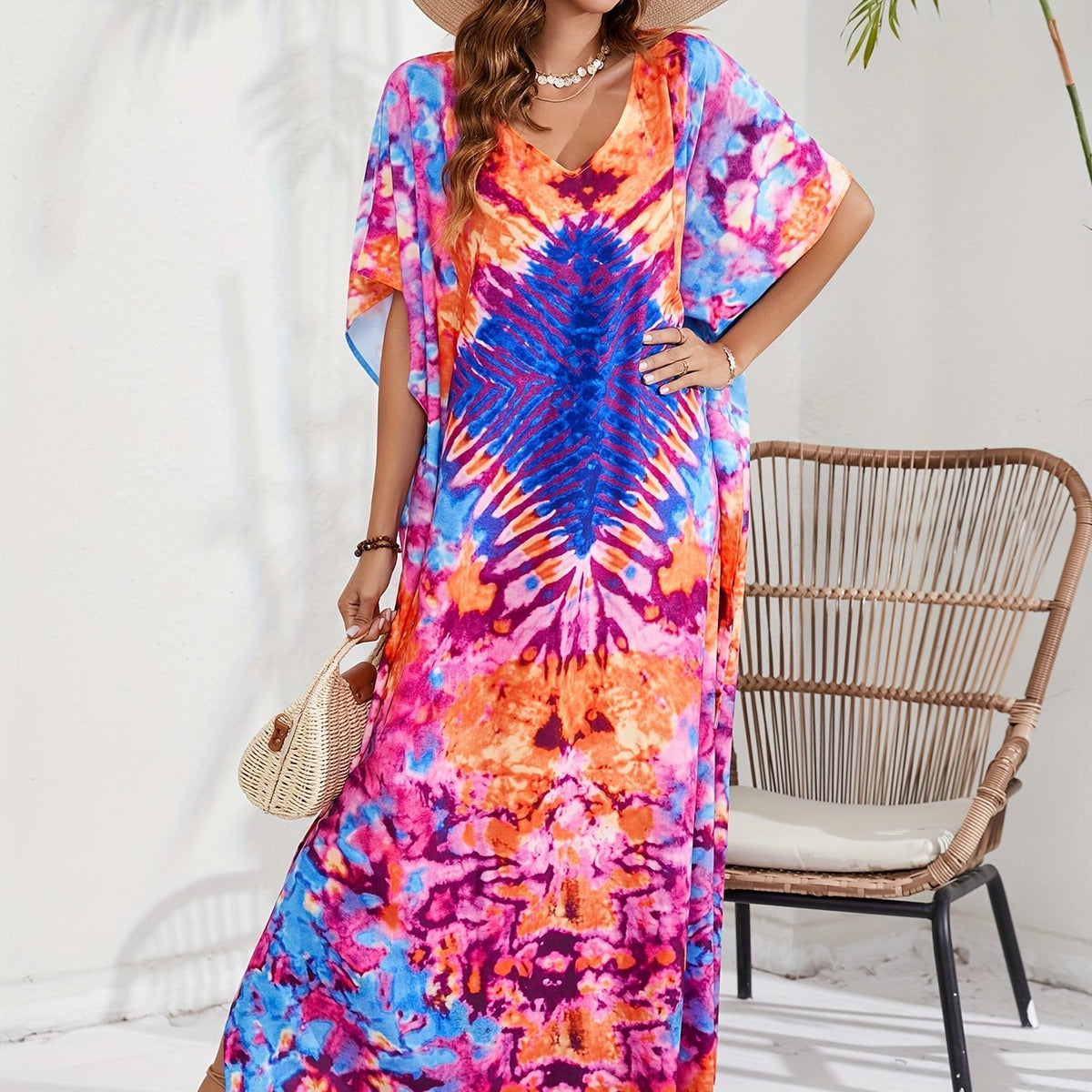  Boho Tie Dye Geo Pattern Cover Up Maxi Dress