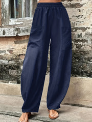  Solid High Rise Loose Pants With Pockets