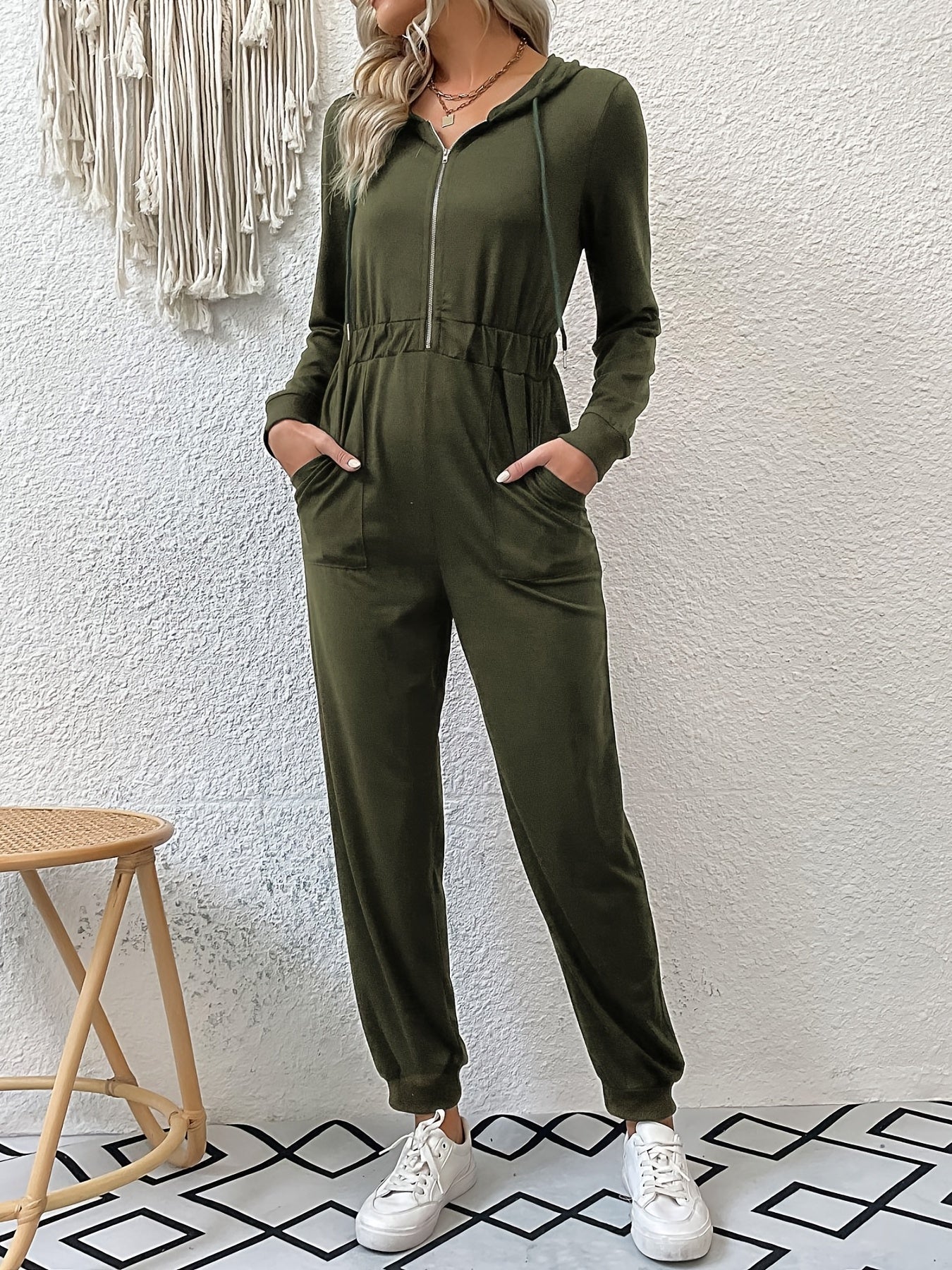Hooded Drawstring Jumpsuit Long Sleeve Running Jumpsuit