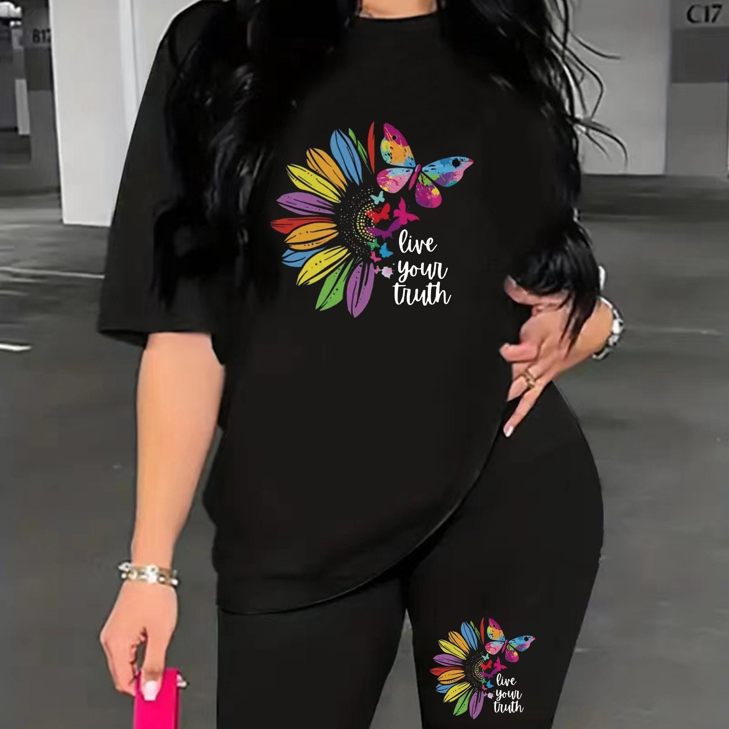  Rainbow Butterfly & Sunflower Print Top & Biker Shorts Set