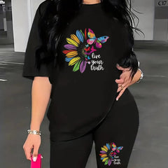 Rainbow Butterfly & Sunflower Print Top & Biker Shorts Set