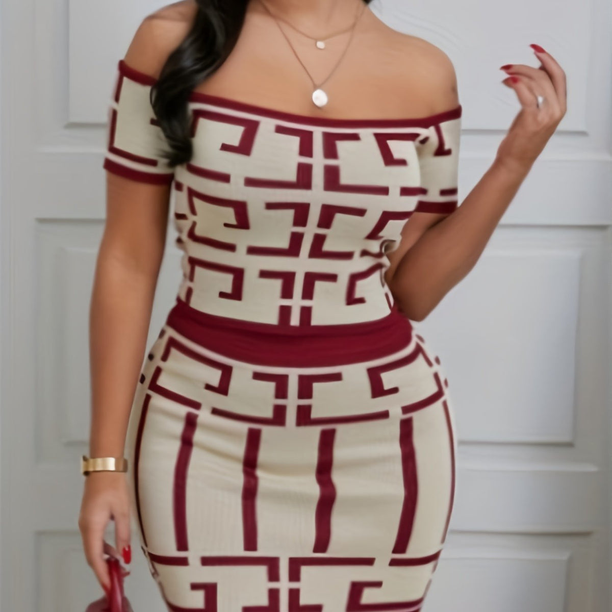 Sexy Geo Print 2pc Set Off Shoulder Top & High Waist Skirt