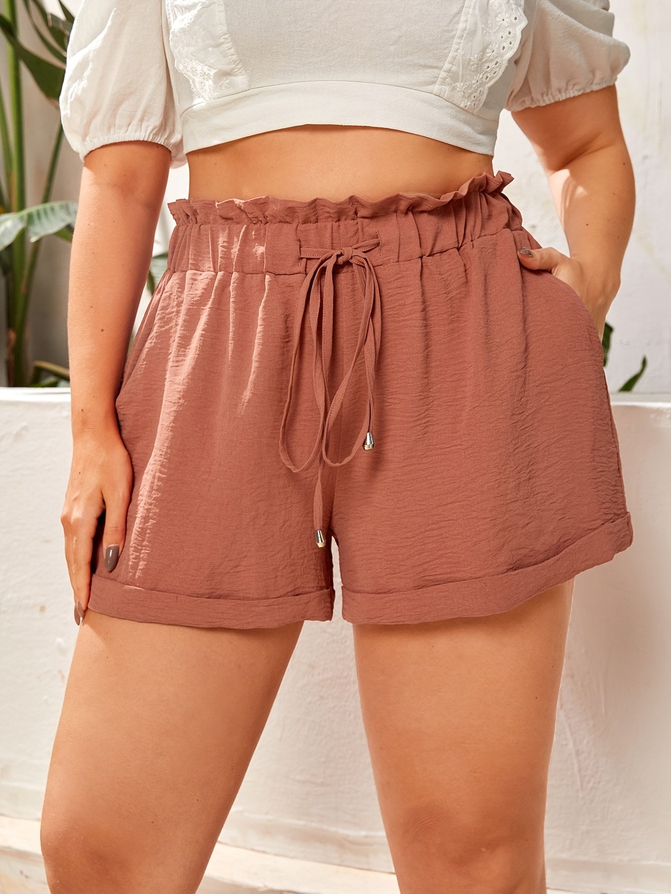  Solid Elastic Drawstring Loose Fit Shorts