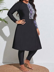  Colorblock Snake Print Long Sleeve Round Neck Stretch Dress