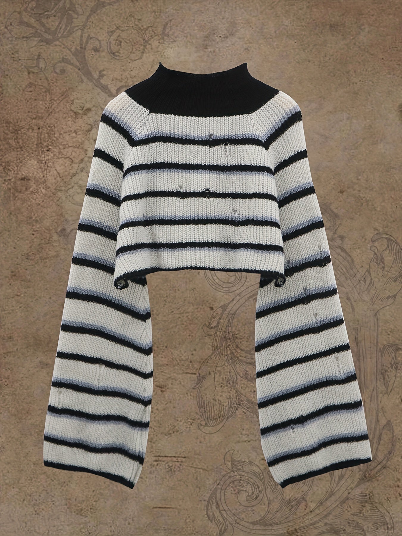  Y2K Sweater Women's Plus Striped Bell Sleeve Mock Neck