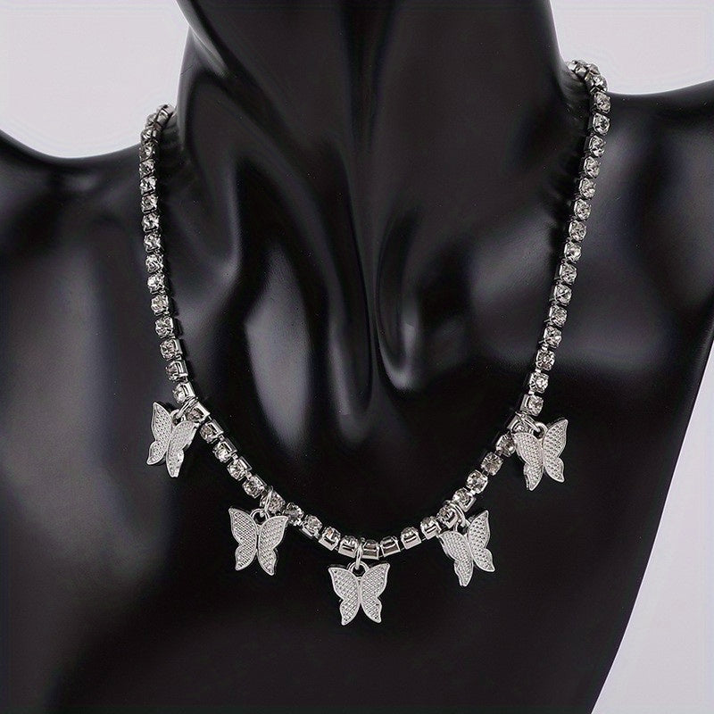 Double Row Butterfly Rhinestone Necklace