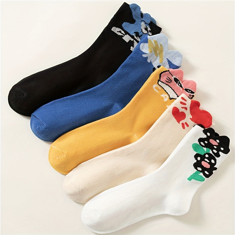 5 Pairs Cartoon Print Socks & Funny Mid Tube Socks for Women