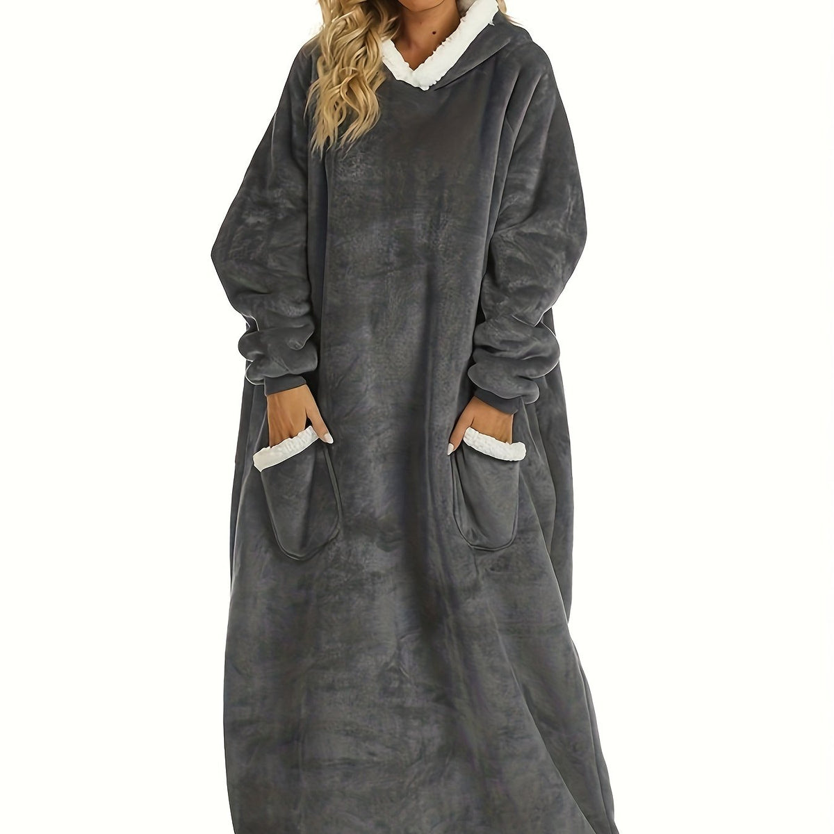  Hooded Flannel Loungewear Robe with Pockets