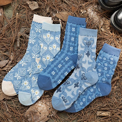 5 Pairs Floral Print Socks Comfy & Soft Mid Tube Socks Women's Stockings